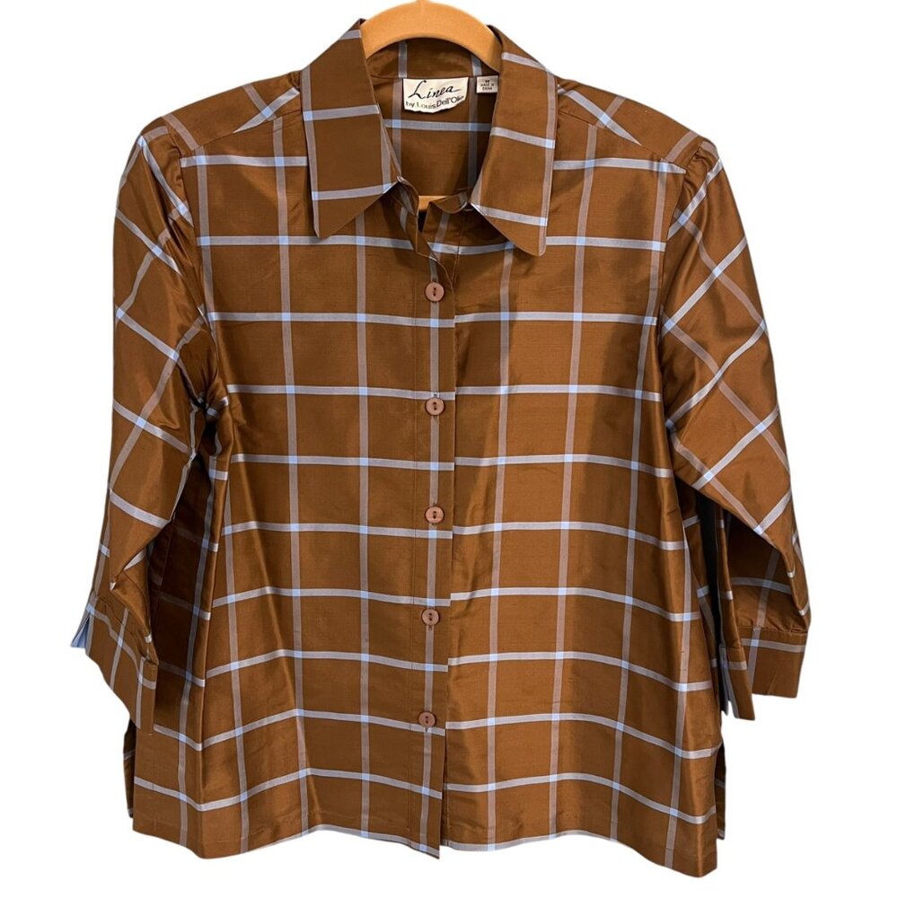 Linea By Louis DellOlio Womens Brown Checkered Silk Button-Up Shirt M